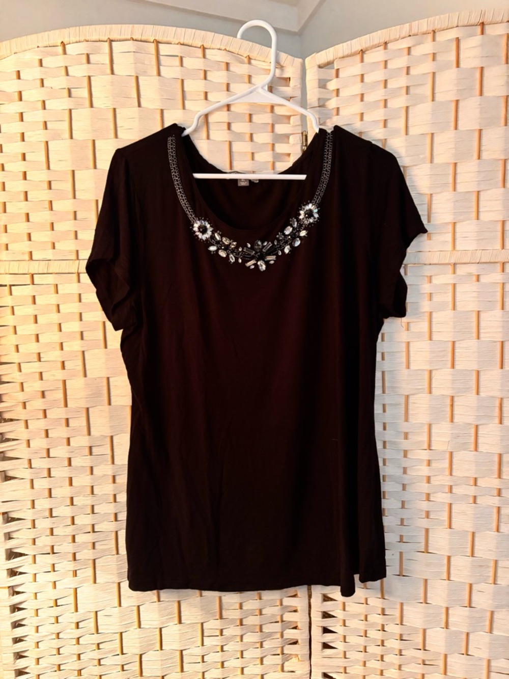 Roz & Ali Black Short-Sleeve Top with Jeweled Neckline
